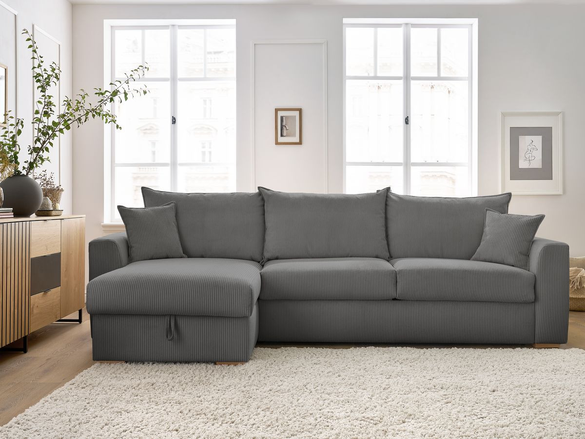 Bobochic Augustin Ecksofa mit Schlaffunktion und Bettkasten Cordsamt Dunkelgrau, Liegefläche 160 × 200 cm