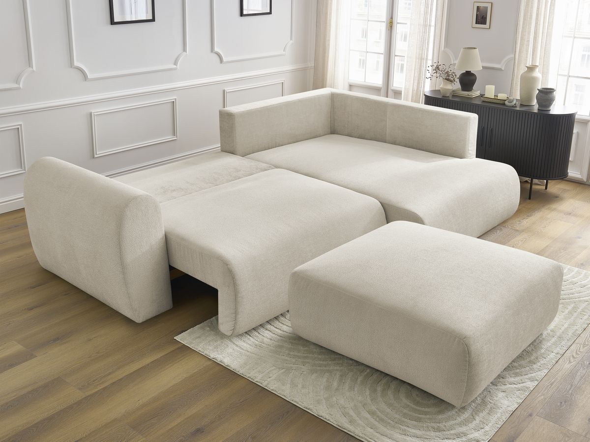 Bobochic Lucien Ecksofa mit Schlaffunktion und Bettkasten und Pouf 296 × 198 cm Stoff Beige Ecke rechts