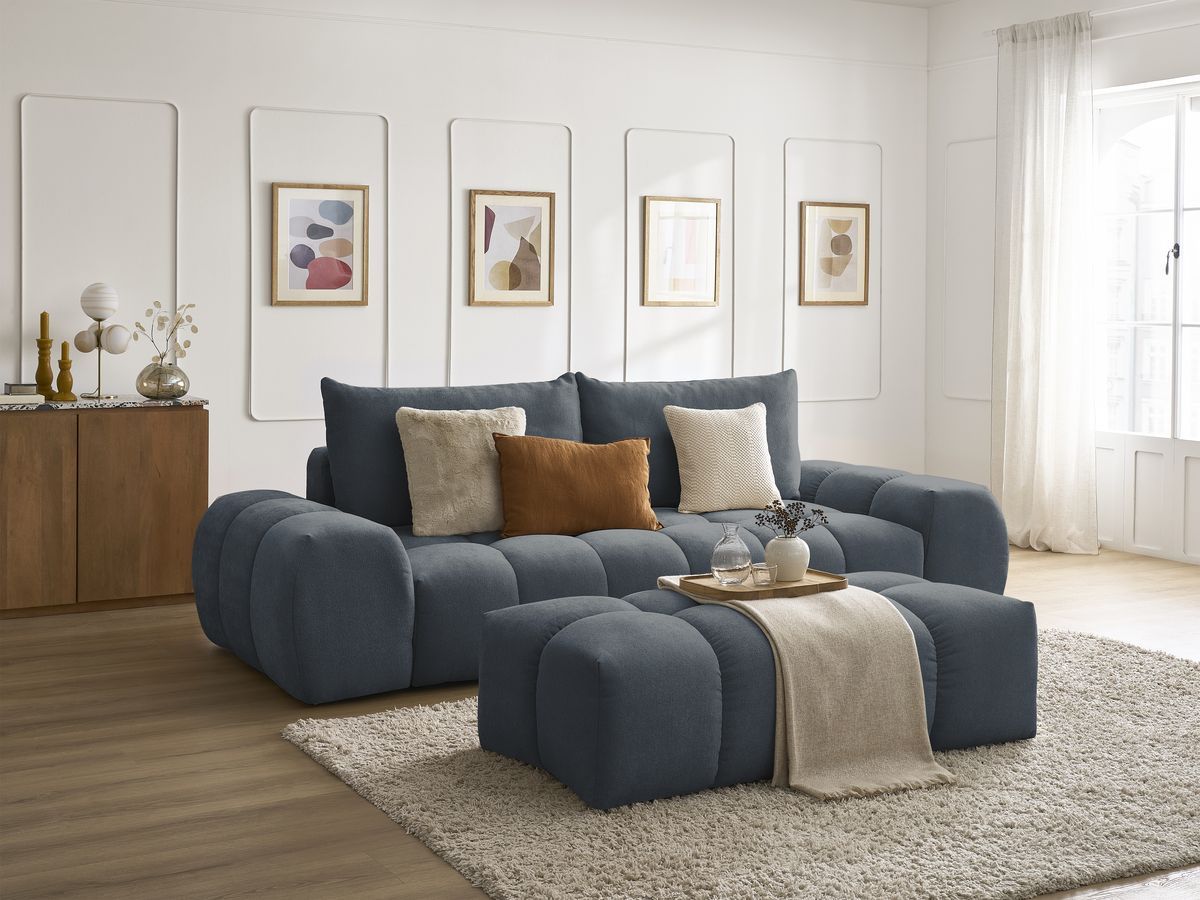 Bobochic Everest Sofa 3-Sitzer mit Pouf, 2 Kissen Strukturstoff Dunkelblau
