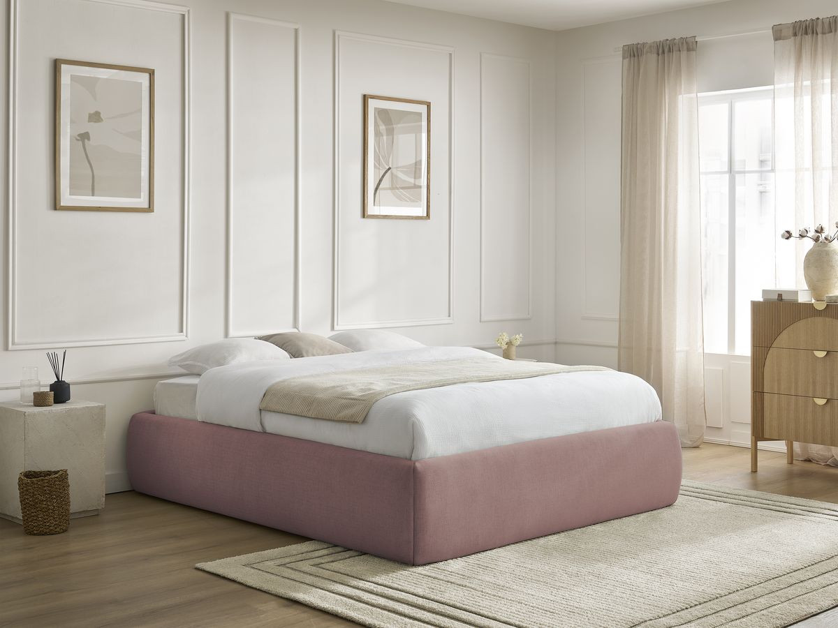 Bobochic Inera Bettgestell mit Bettkasten, ohne Kopfteil Stoff Rosa, Liegefläche 160 × 200 cm