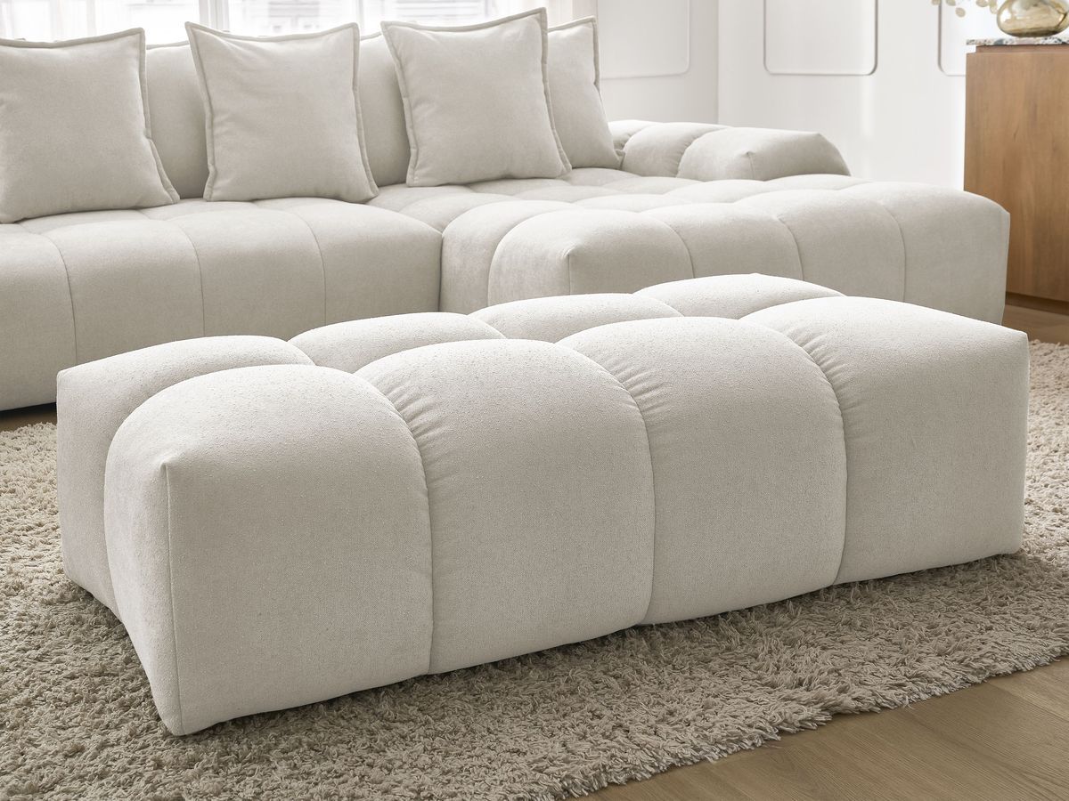 Bobochic Everest Ecksofa mit Schlaffunktion und Bettkasten und Pouf 318 × 180 cm, 7 Kissen Strukturstoff Weiß Ecke rechts