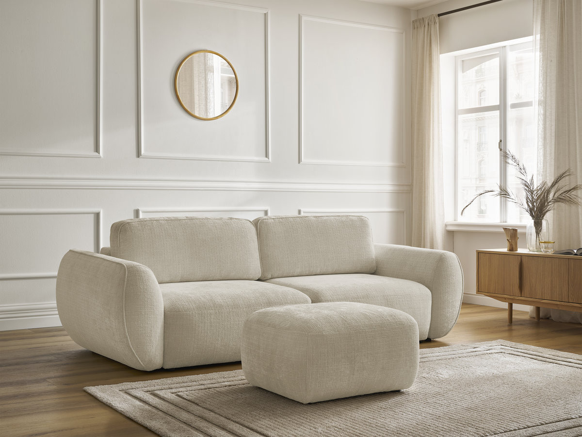 Bobochic Denise Schlafsofa 3-Sitzer mit Bettkasten und Pouf Strukturstoff Beige