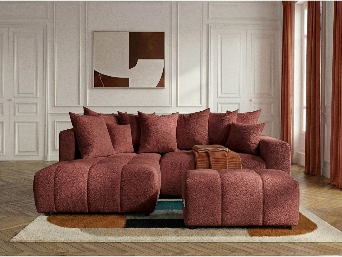 Bobochic Roxelane Ecksofa mit Schlaffunktion und Bettkasten und Pouf Bouclé-Stoff Rot Ecke links