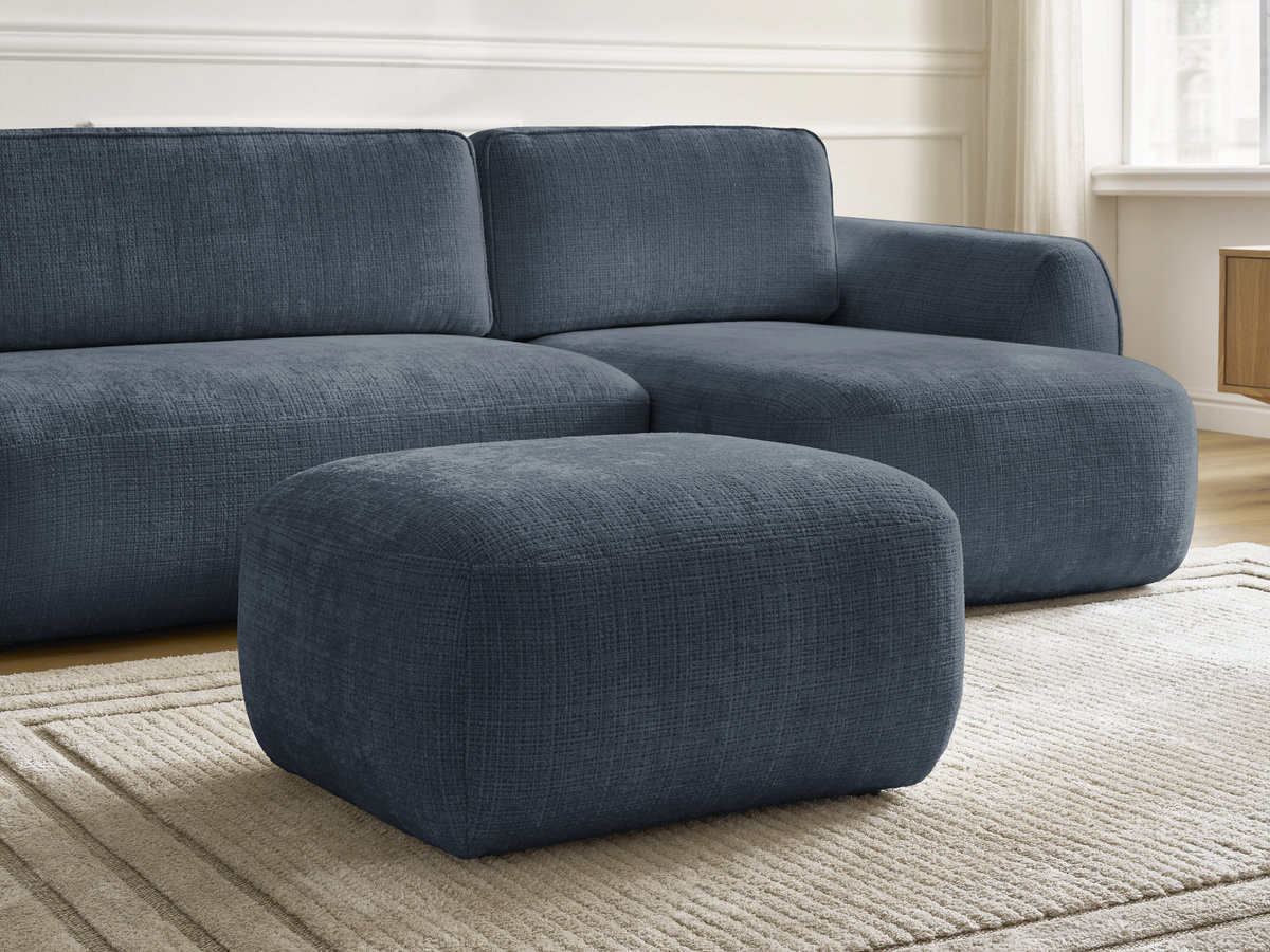 Bobochic Denise Ecksofa mit Schlaffunktion und Bettkasten und Pouf 258 × 160 cm Strukturstoff Dunkelblau Ecke rechts
