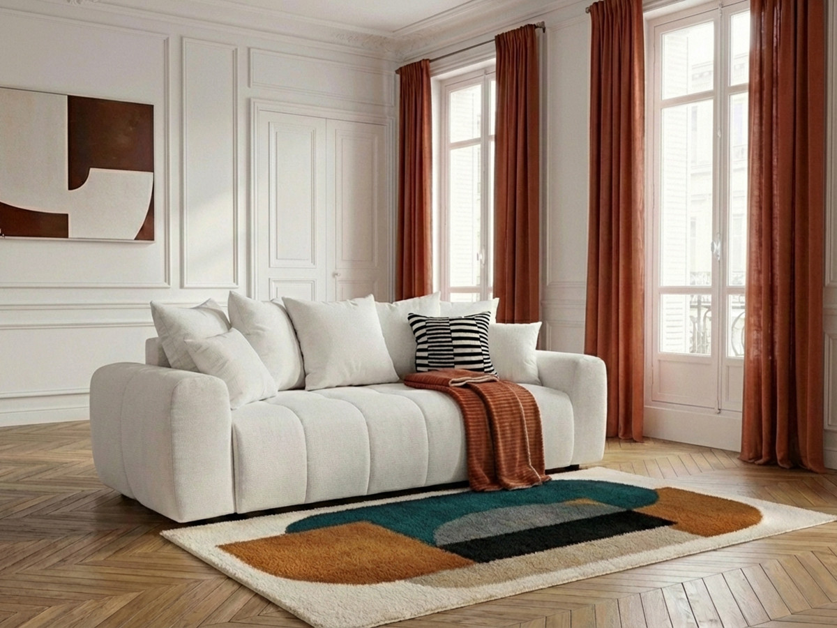 Bobochic Roxelane Schlafsofa 3-Sitzer mit Bettkasten Melange-Stoff Weiß