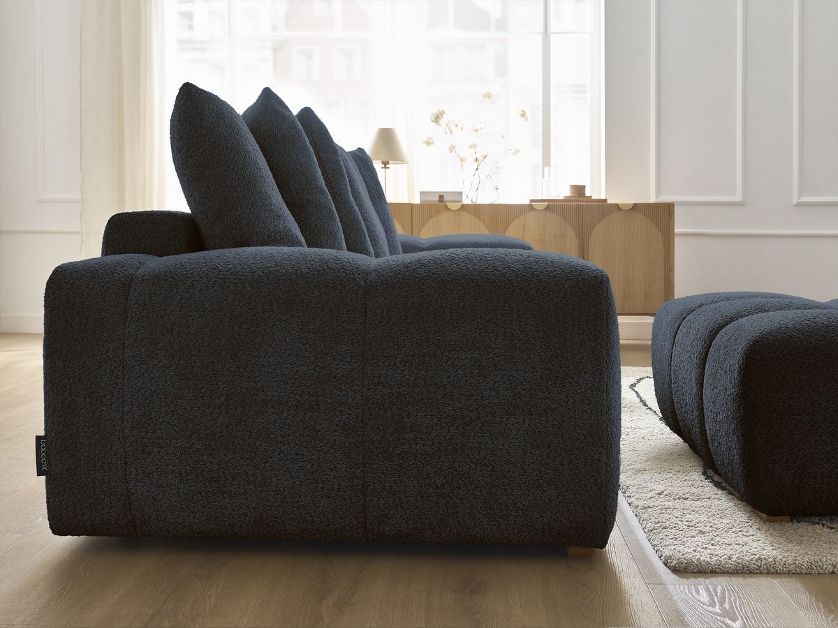 Bobochic Anakin Sofa 3-Sitzer mit Pouf, 6 Kissen Bouclé-Stoff Dunkelblau