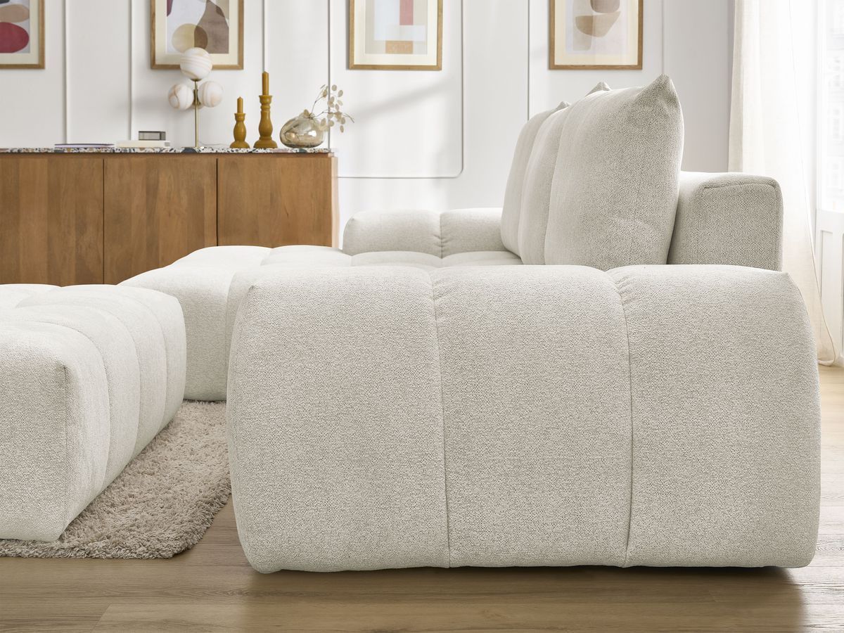Bobochic Everest Ecksofa mit Schlaffunktion und Bettkasten und Pouf 318 × 180 cm, 3 Kissen Melange-Stoff Weiß Ecke links