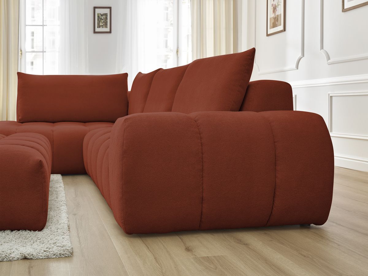 Bobochic Everest Ecksofa mit Schlaffunktion und Pouf, 4 Kissen Strukturstoff Orange Ecke links
