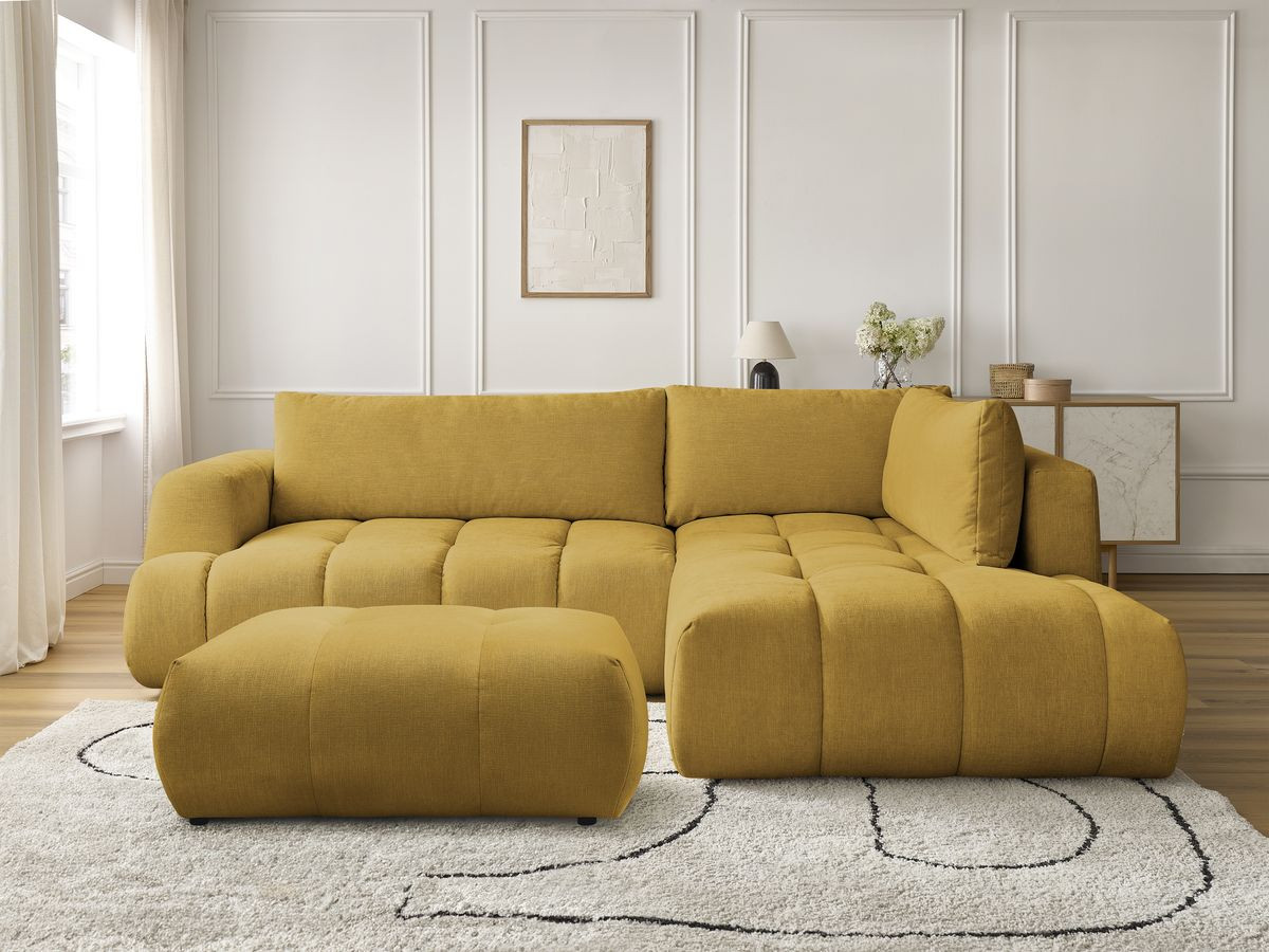 Bobochic Fuji Ecksofa mit Schlaffunktion und Bettkasten und Pouf 282 × 204 cm Stoff Gelb Ecke rechts