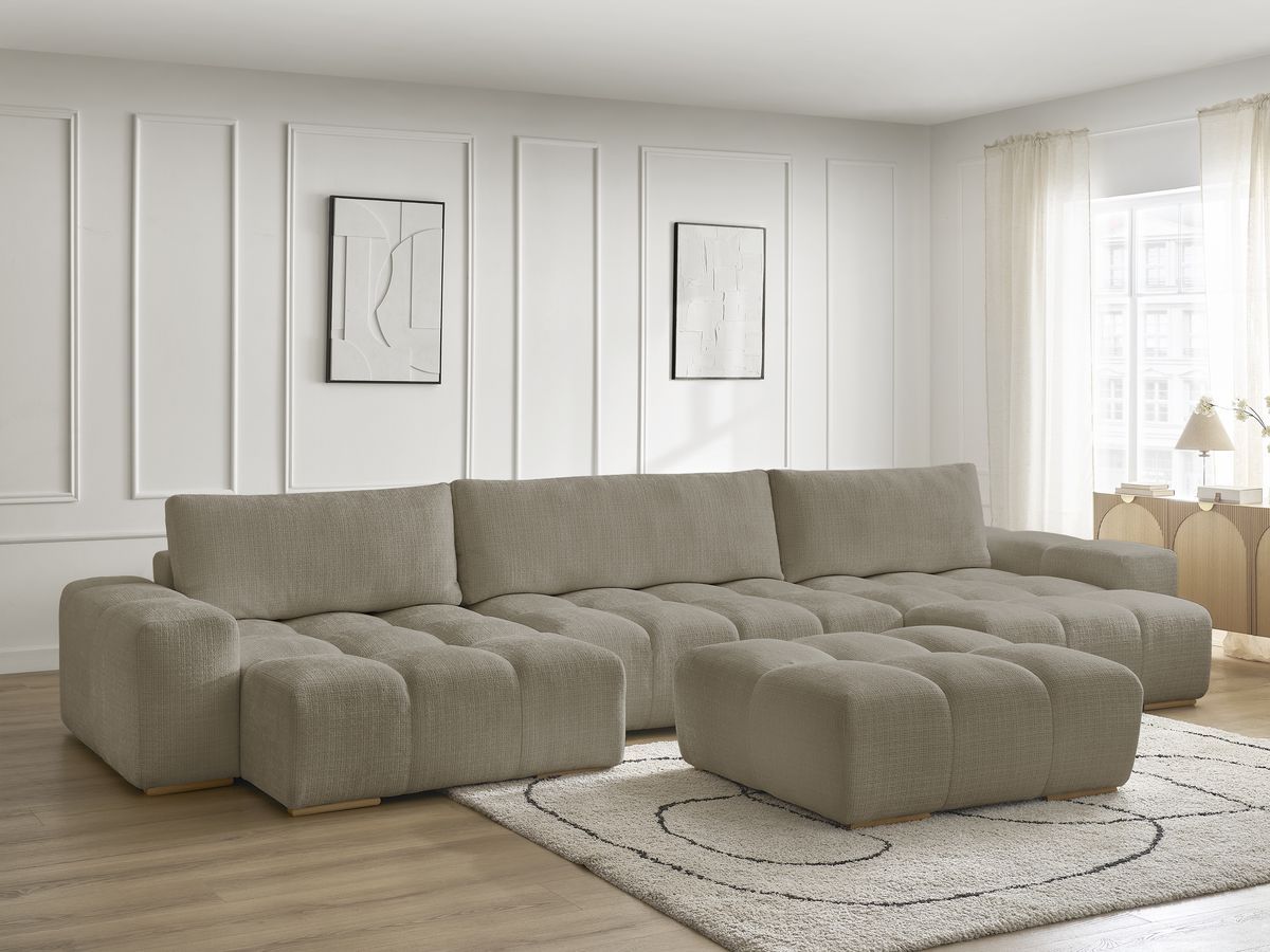 Bobochic Anakin Wohnlandschaft mit Pouf, Liegefläche 137 × 382 cm, 3 Kissen Strukturstoff Taupe