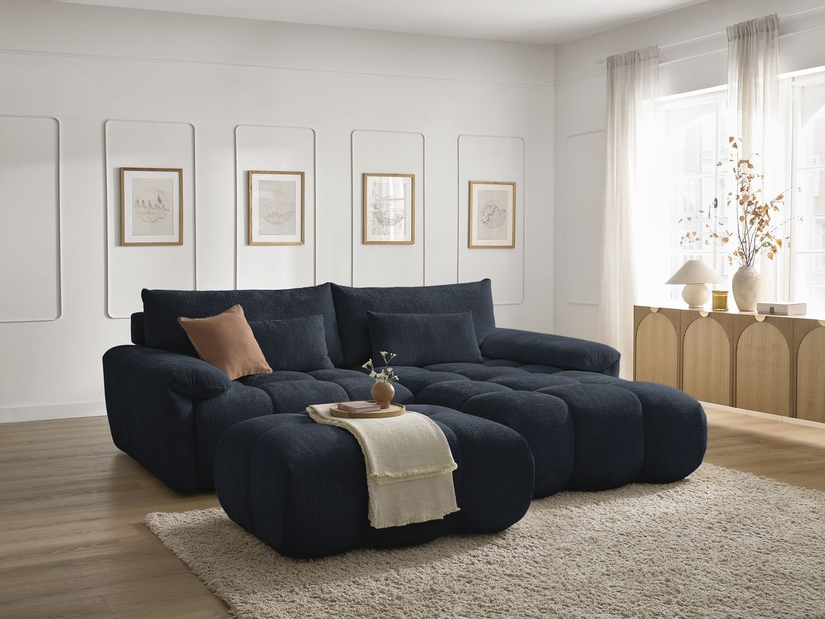 Bobochic Ivane Ecksofa mit Pouf Strukturstoff Dunkelblau Ecke rechts