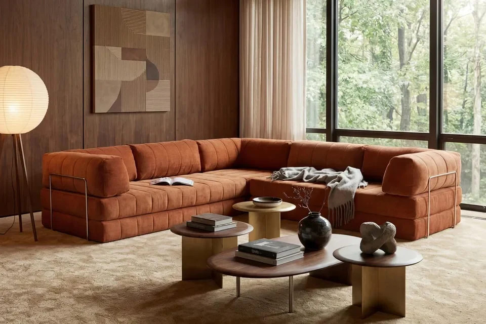 Terrakottafarbenes CozyPad Ecksofa von Innovation Living im warmen Wohnraum