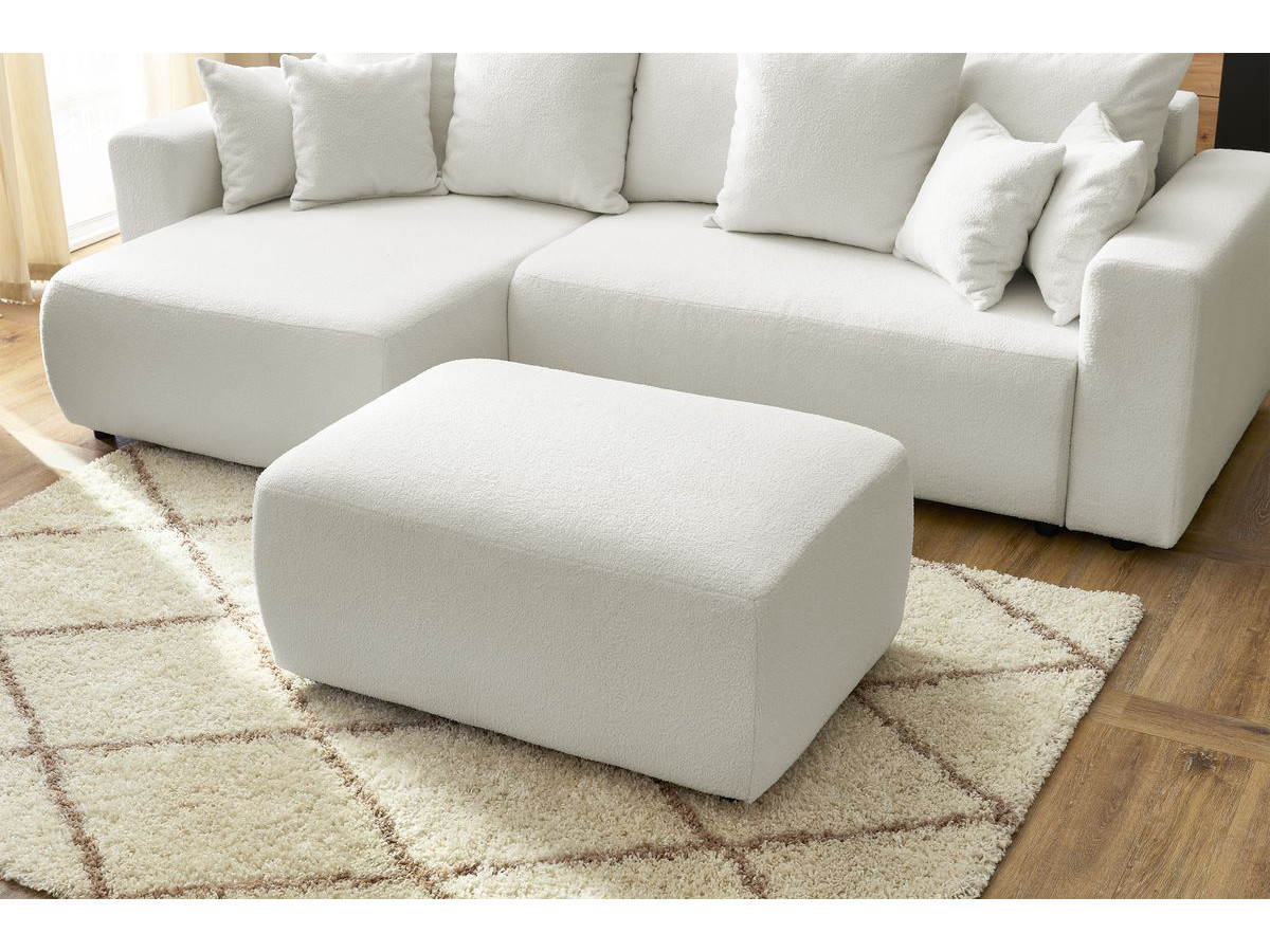 Bobochic Envy Ecksofa mit Schlaffunktion und Bettkasten und rechteckigem Pouf Bouclé-Stoff Weiß