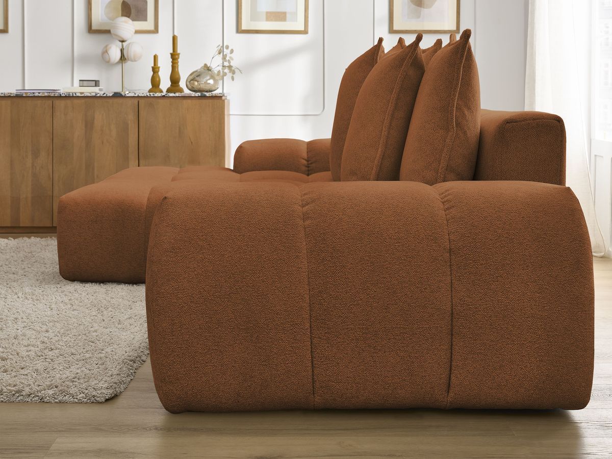 Bobochic Everest Ecksofa mit Schlaffunktion und Bettkasten 318 × 180 cm, 7 Kissen Melange-Stoff Orange Ecke links