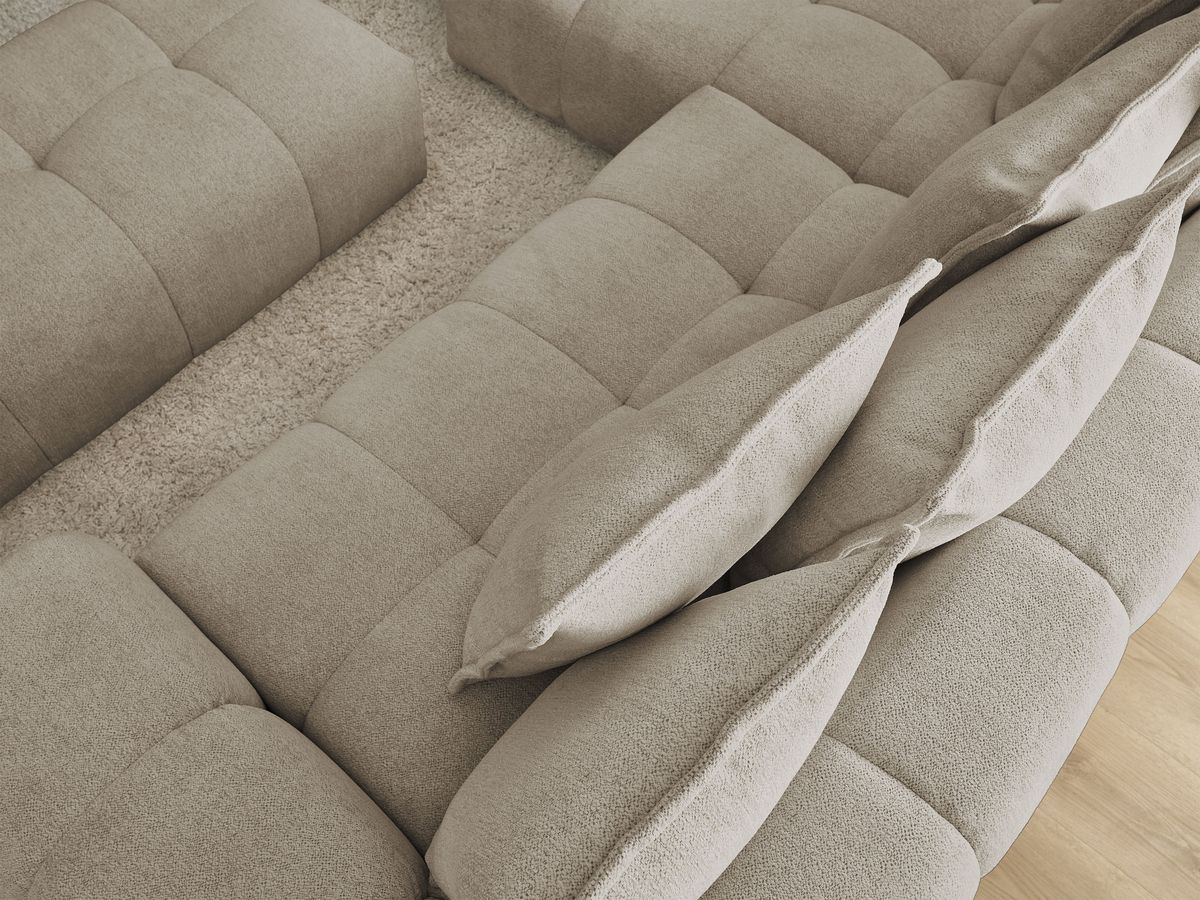 Bobochic Everest Ecksofa mit Schlaffunktion und Bettkasten und Pouf 318 × 180 cm, 7 Kissen Melange-Stoff Taupe Ecke links