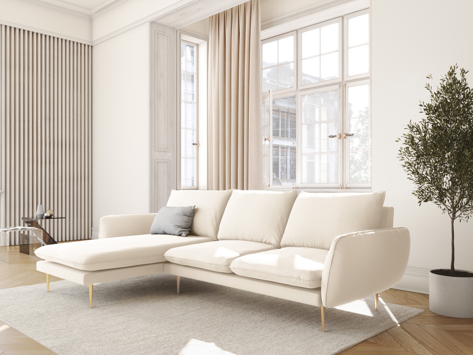 Cosmopolitan Design Ecksofa Vienna 5-Sitzer Samt Bluvel Helles Beige Links Beine Gold