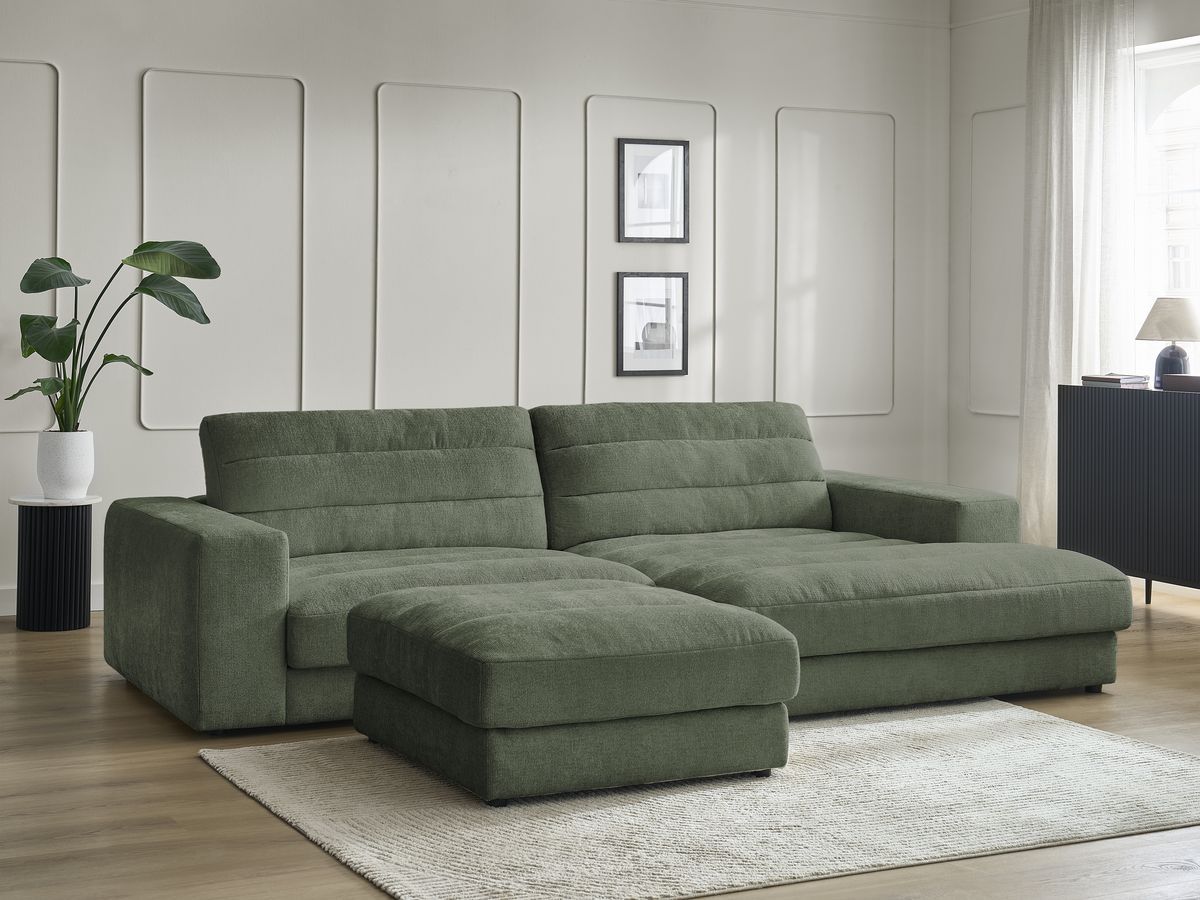 Bobochic Sierra Ecksofa mit Pouf Strukturstoff Dunkelgrün Ecke rechts
