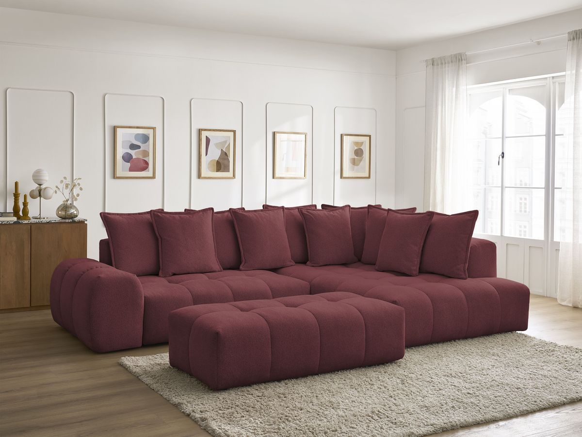 Bobochic Everest Ecksofa mit Schlaffunktion und Bettkasten und Pouf 320 × 212 cm, 10 Kissen Melange-Stoff Rot Ecke rechts