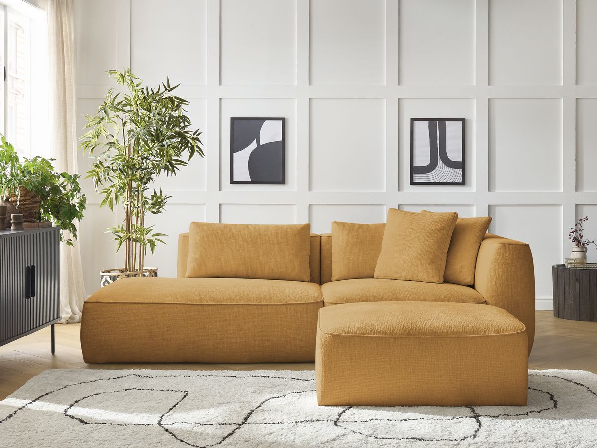 Bobochic Leopold Sofa 4-Sitzer mit Pouf Strukturstoff Gelb Armlehne rechts