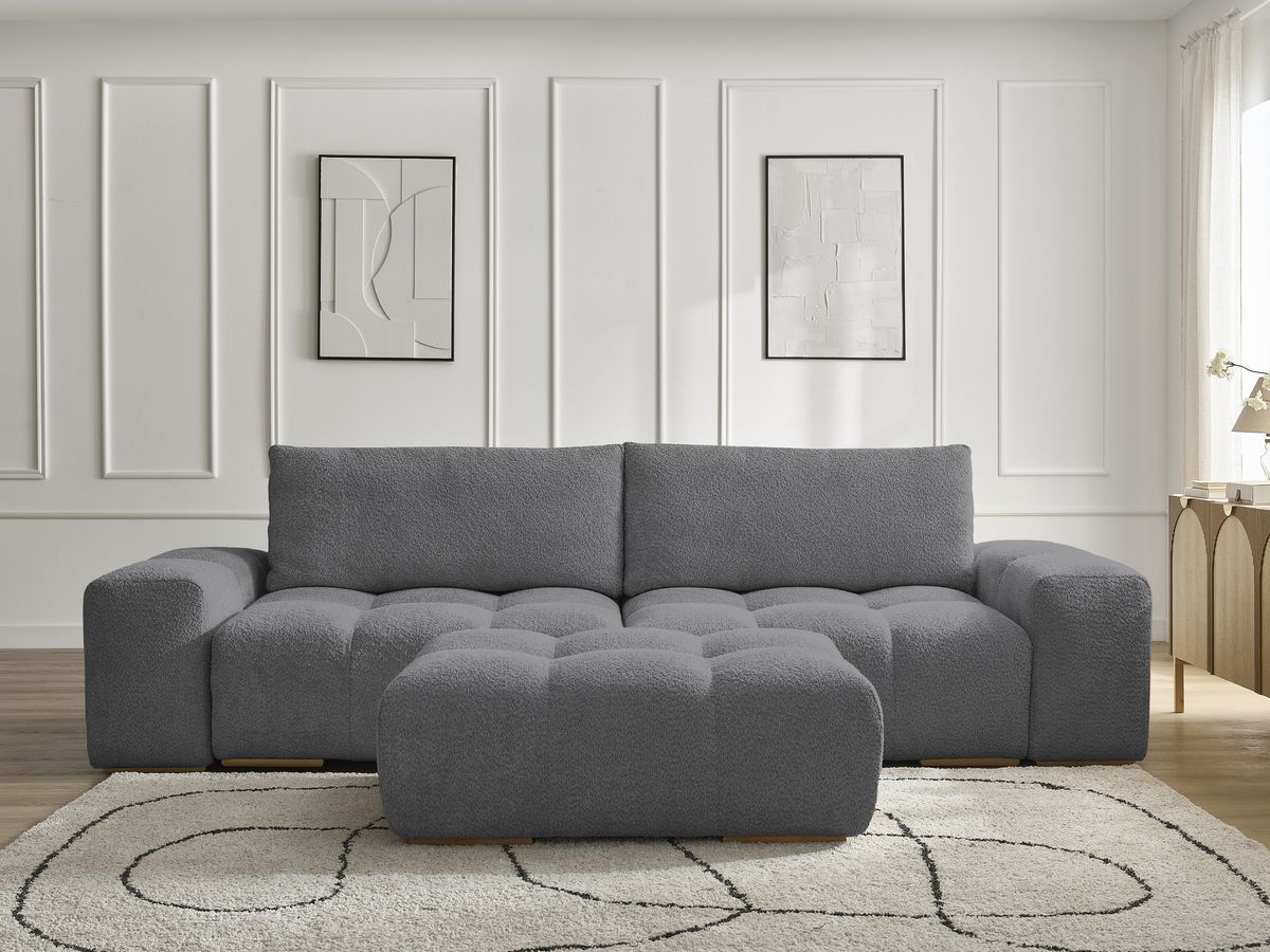 Bobochic Anakin Schlafsofa 3-Sitzer mit Bettkasten und Pouf, 2 Kissen Bouclé-Stoff Dunkelgrau