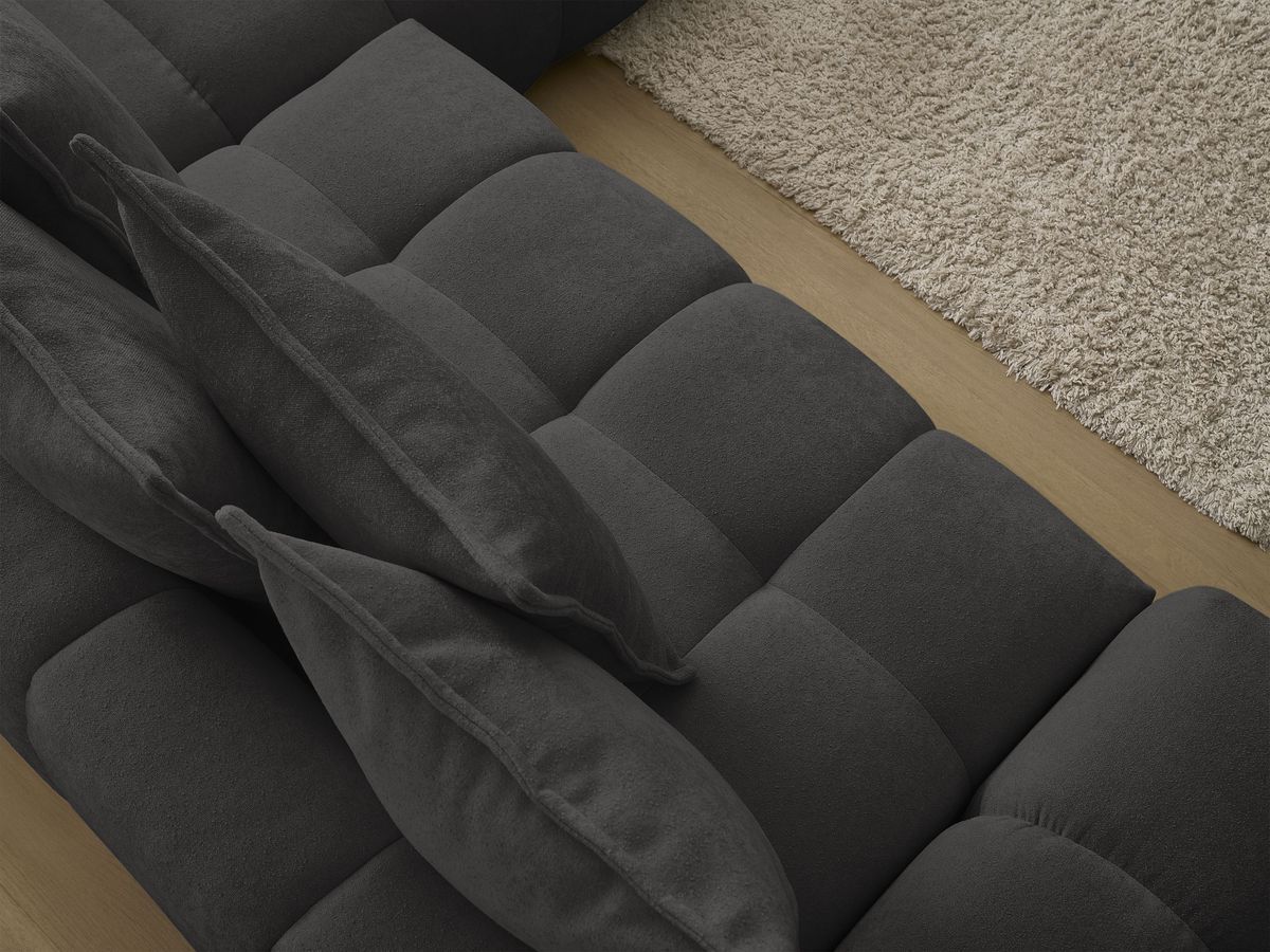 Bobochic Everest Ecksofa mit Schlaffunktion und Bettkasten 320 × 212 cm, 10 Kissen Strukturstoff Schwarz Ecke rechts