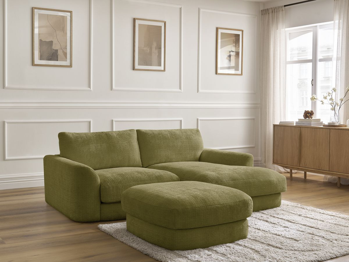 Bobochic Leonore Ecksofa mit Pouf Strukturstoff Grün Ecke rechts