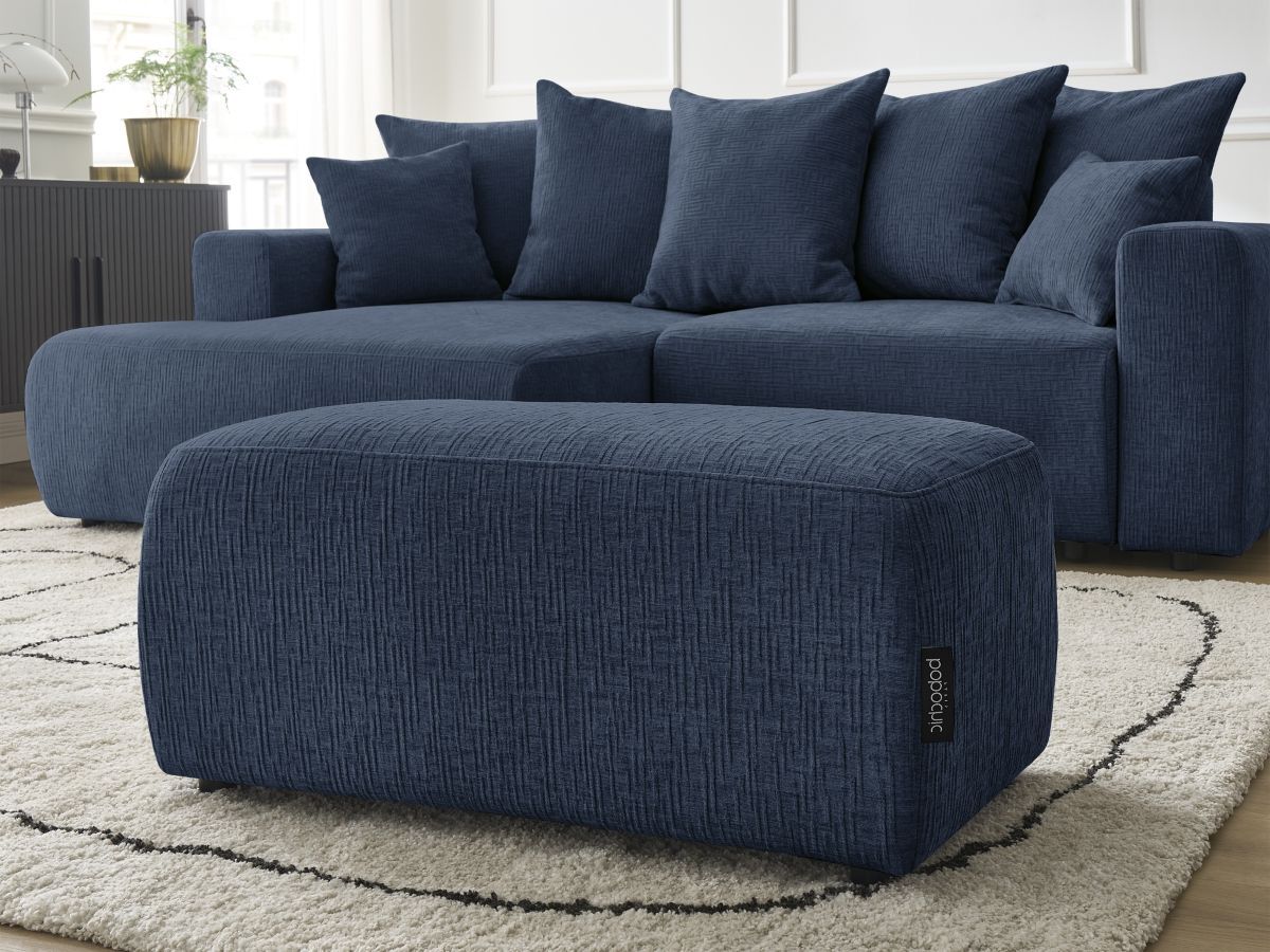 Bobochic Atilla Ecksofa mit Schlaffunktion und Bettkasten und Pouf Strukturstoff Dunkelblau Ecke links