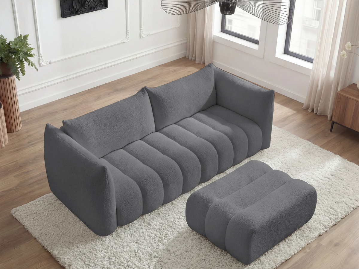 Bobochic Azra Sofa 4-Sitzer mit Pouf Bouclé-Stoff Dunkelgrau