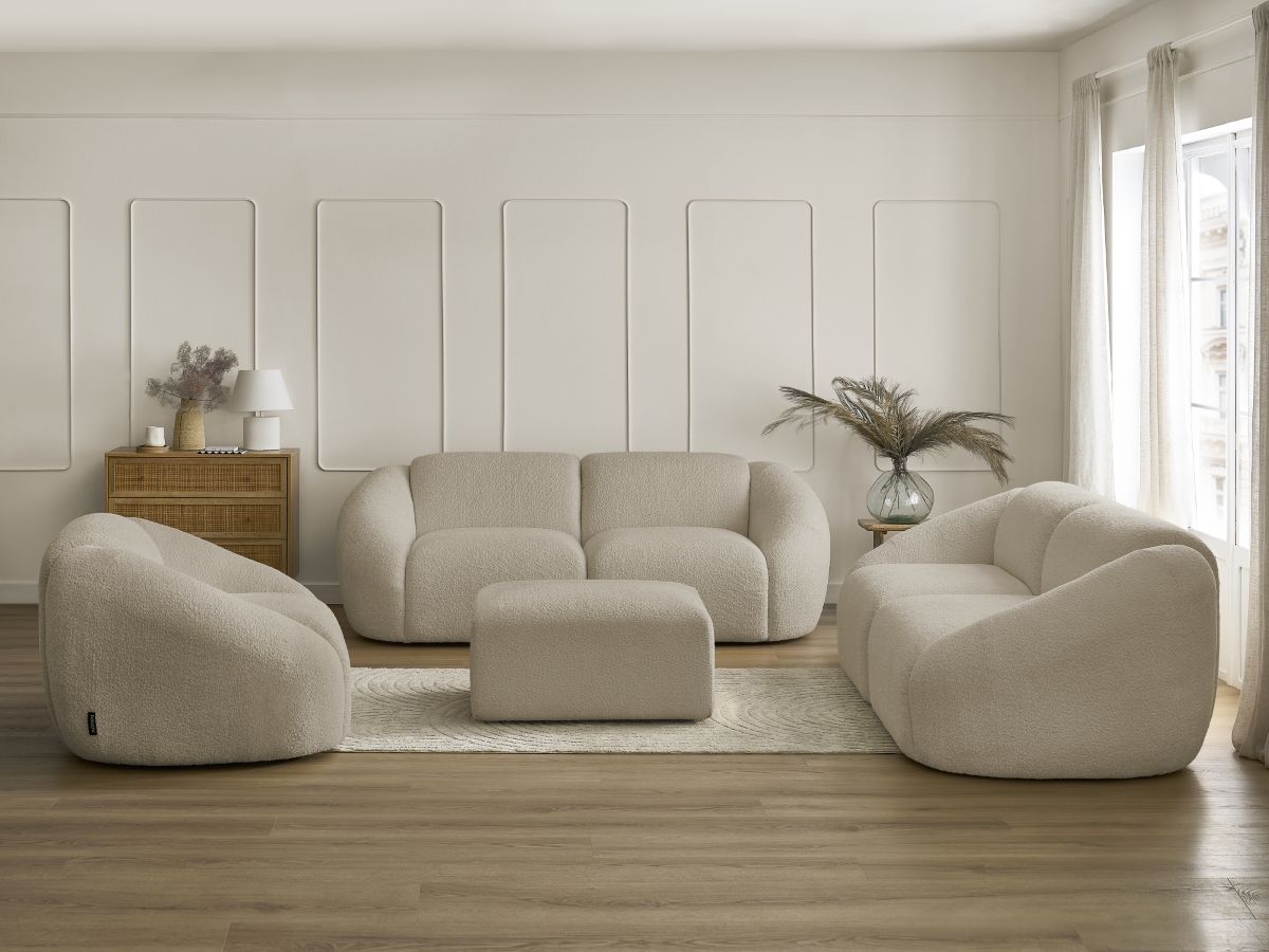 Bobochic Tina Sofa 7-Sitzer mit Pouf Bouclé-Stoff Beige