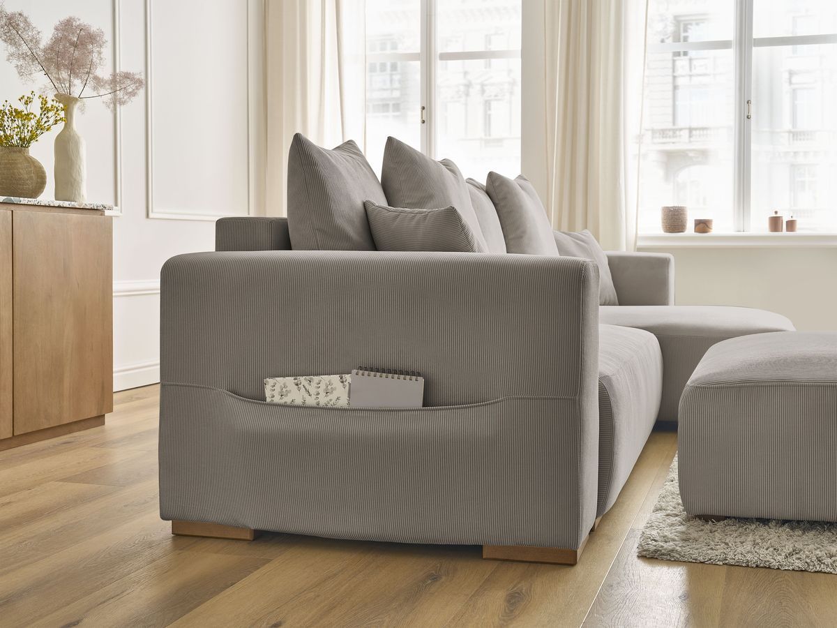 Bobochic Sidonie Ecksofa mit Schlaffunktion und Bettkasten und Pouf Cordsamt Taupe