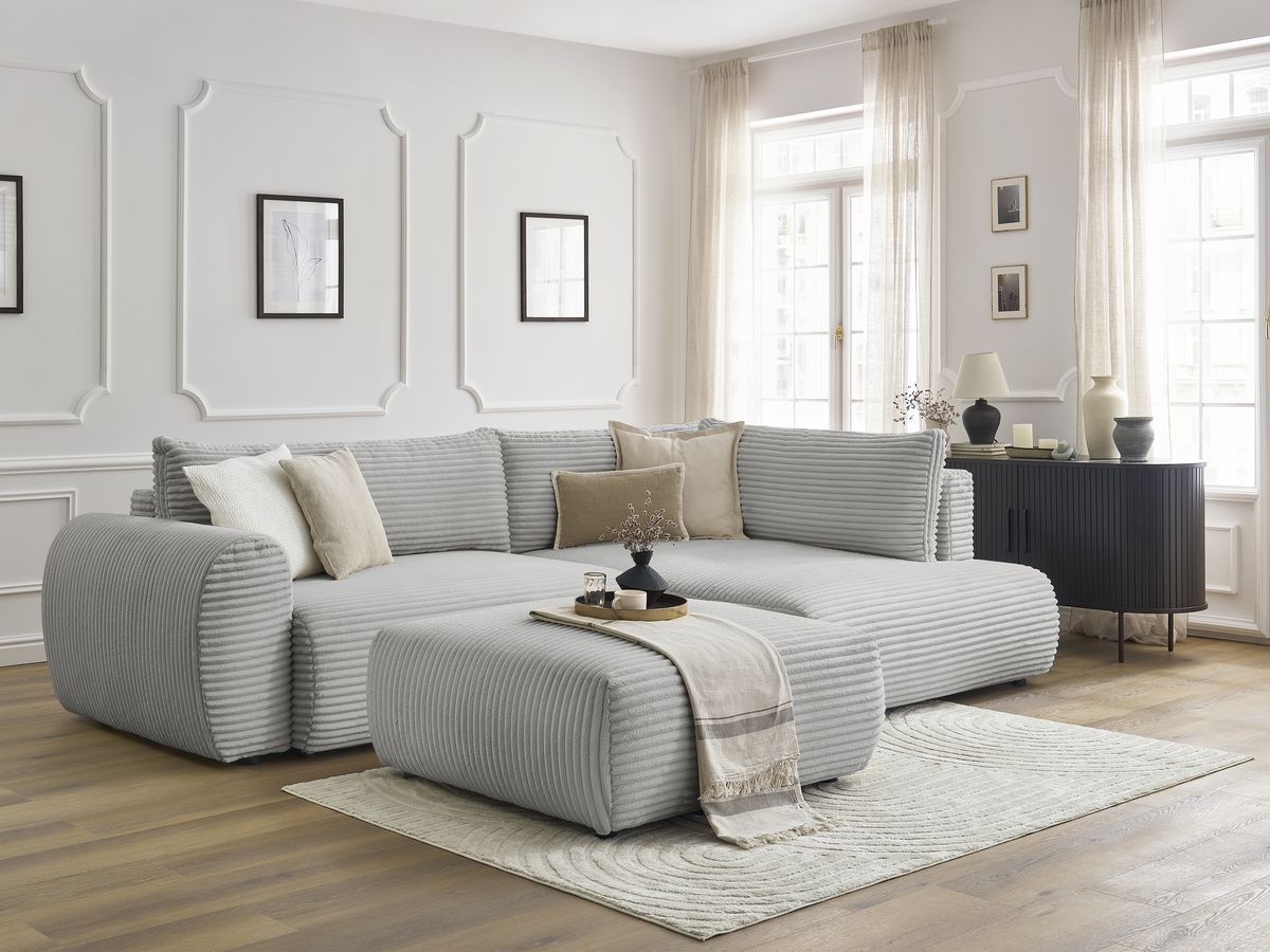 Bobochic Lucien Ecksofa mit Schlaffunktion und Bettkasten und Pouf 296 × 198 cm Breitcord weich Hellgrau Ecke rechts