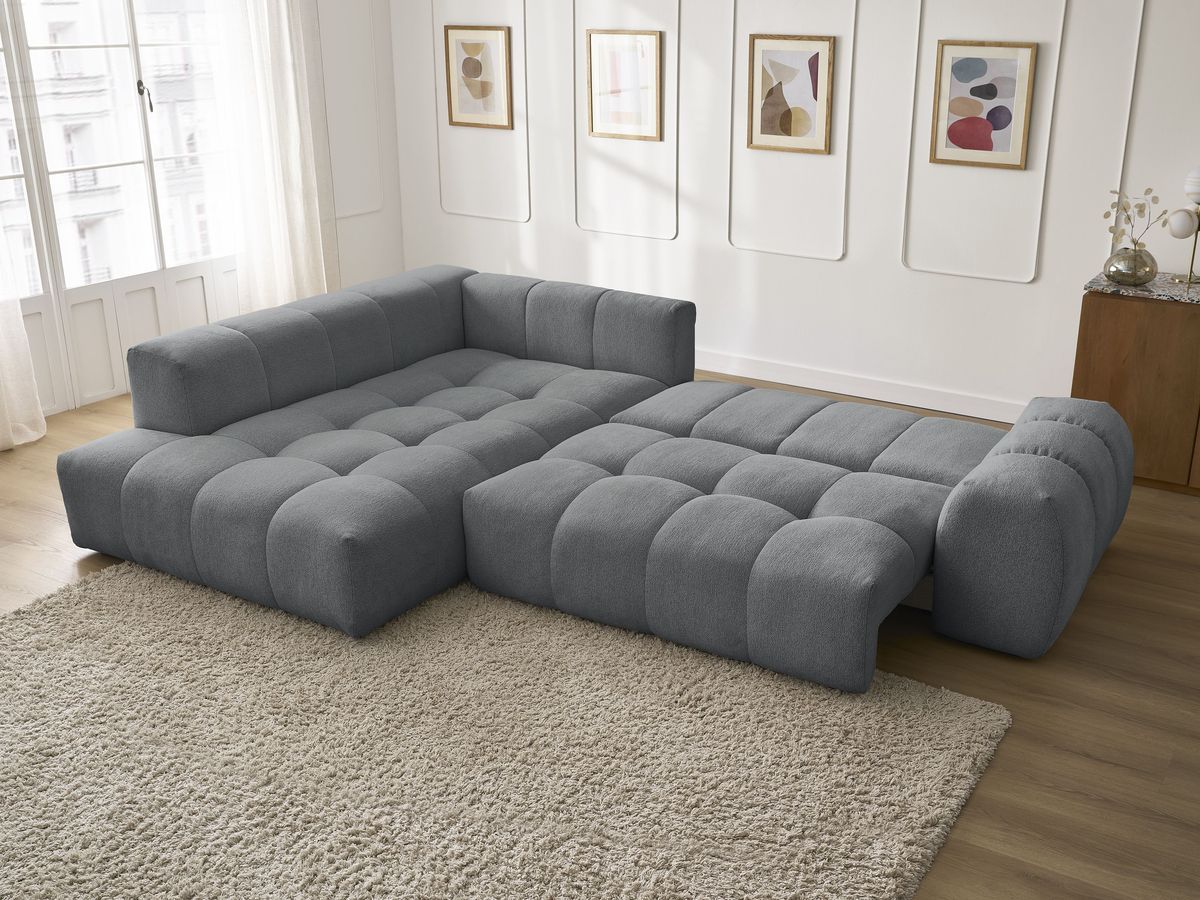 Bobochic Everest Ecksofa mit Schlaffunktion und Bettkasten 320 × 212 cm, 5 Kissen Melange-Stoff Dunkelgrau Ecke links