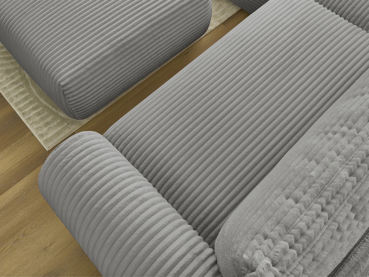 Bobochic Lucien Ecksofa mit Schlaffunktion und Bettkasten und Pouf 314 × 167 cm Breitcord weich Dunkelgrau Ecke links