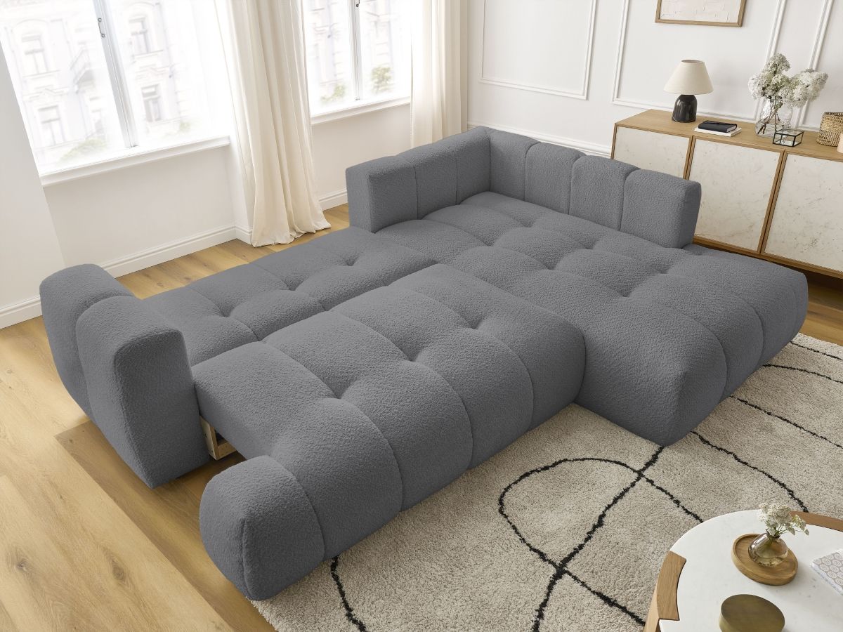 Bobochic Fuji Ecksofa mit Schlaffunktion und Bettkasten 282 × 204 cm Bouclé-Stoff Dunkelgrau Ecke rechts