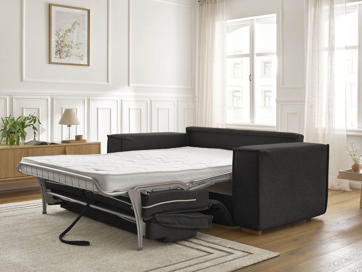 Bobochic Chelsea Schlafsofa 3-Sitzer Strukturstoff Schwarz, Liegefläche 140 × 200 cm