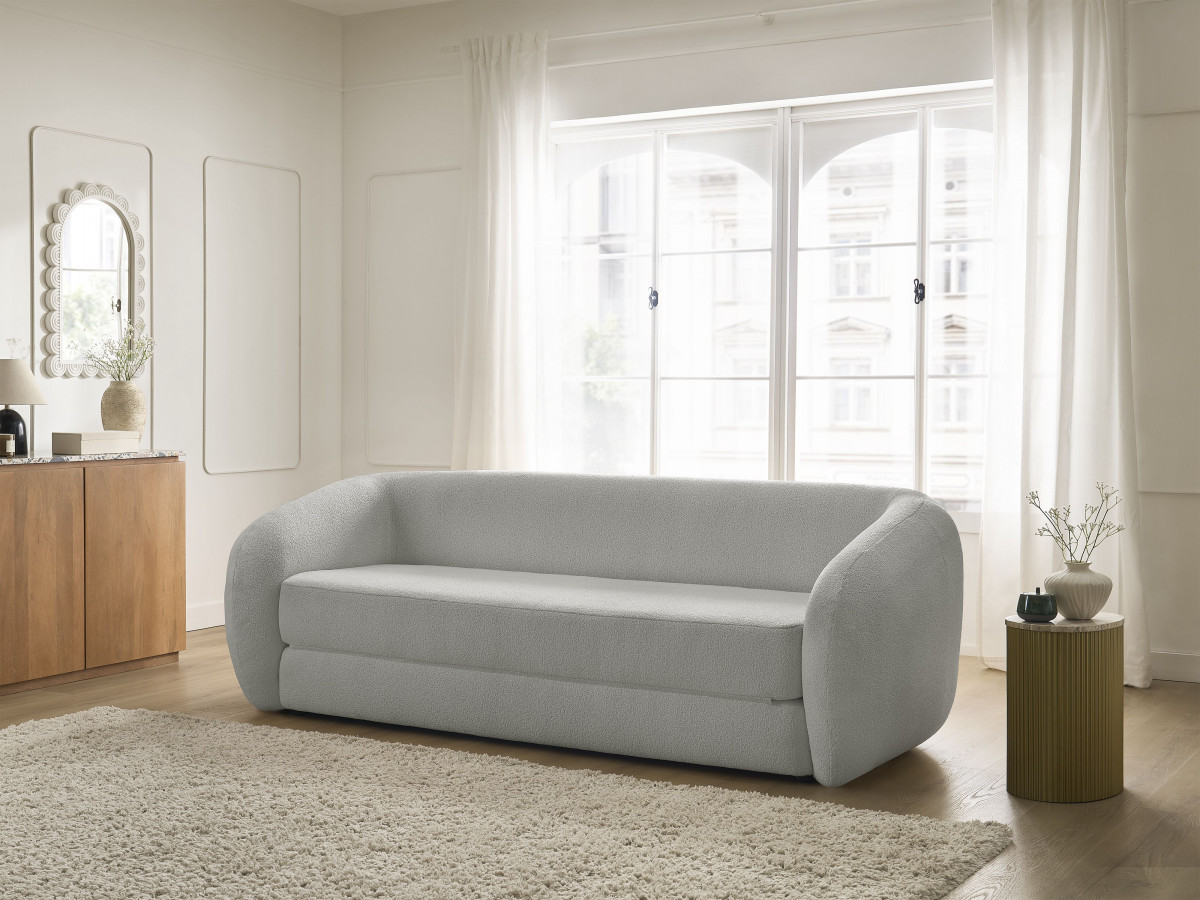 Bobochic Neyo Schlafsofa 3-Sitzer Bouclé-Stoff Hellgrau