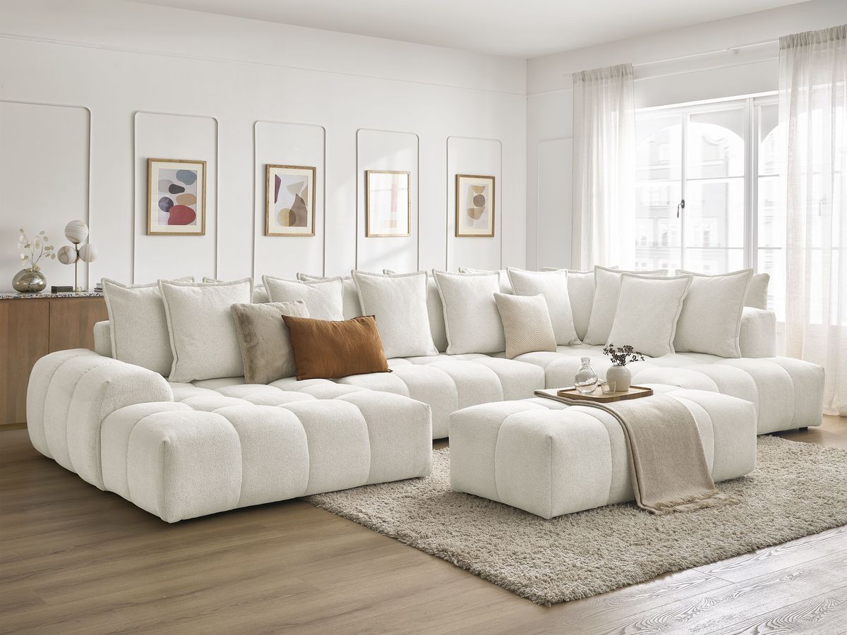 Bobochic Everest Wohnlandschaft mit Pouf, 14 Kissen Melange-Stoff Weiß Ecke links