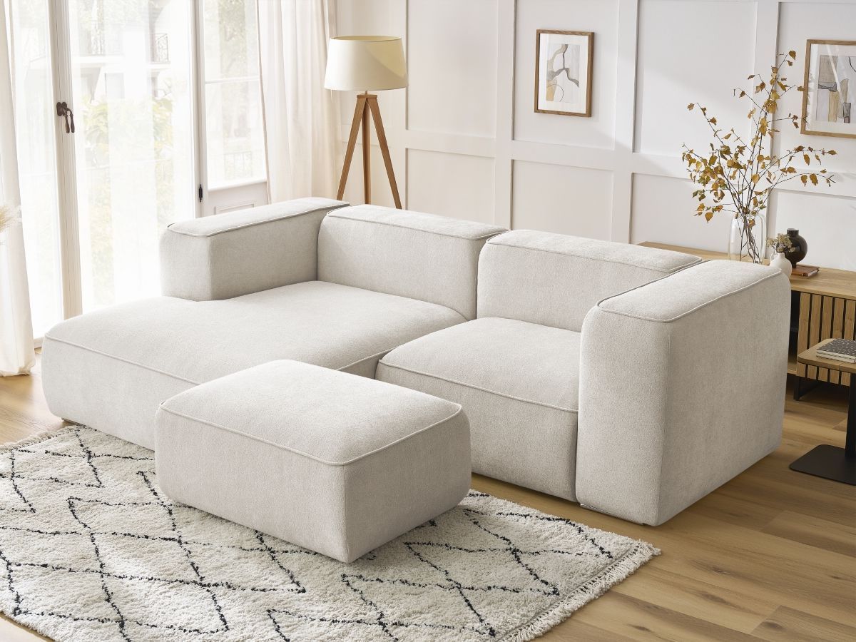 Bobochic Zephyr Ecksofa mit Pouf 260 × 165 cm Strukturstoff Weiß Ecke links