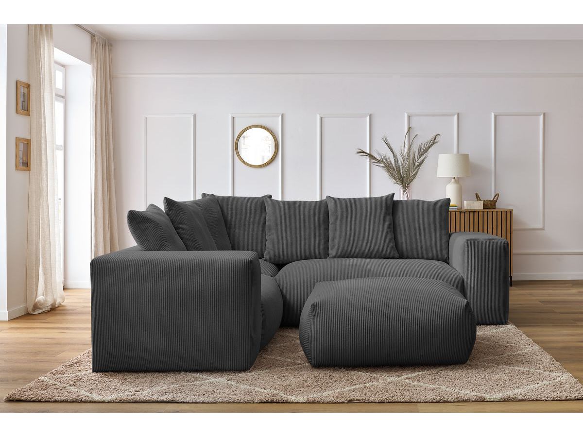 Bobochic Voltaire Ecksofa mit Pouf 268 × 214 cm Cordsamt Dunkelgrau Ecke links