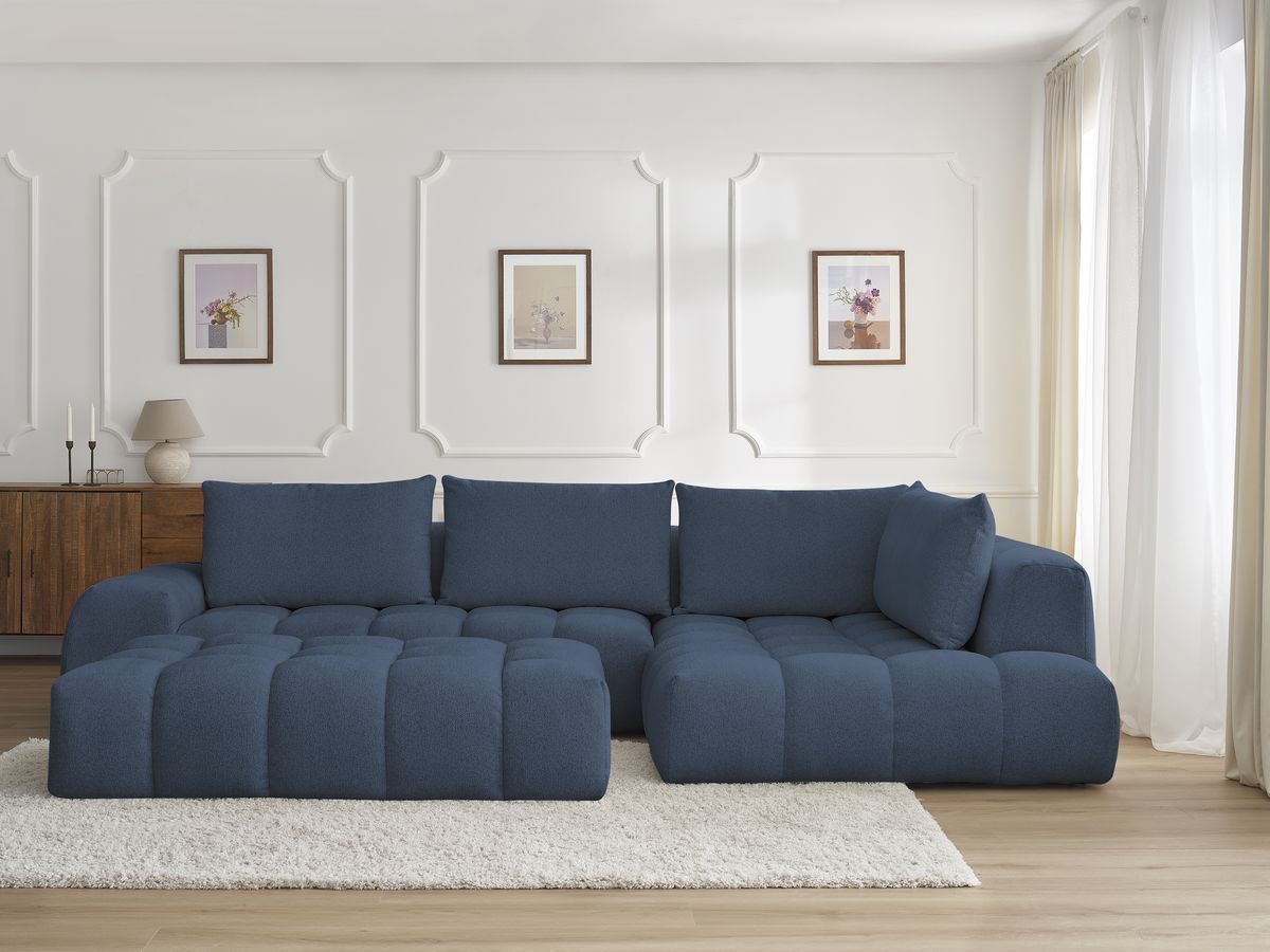 Bobochic Everest Ecksofa mit Schlaffunktion und Pouf, 4 Kissen Melange-Stoff Dunkelblau Ecke rechts