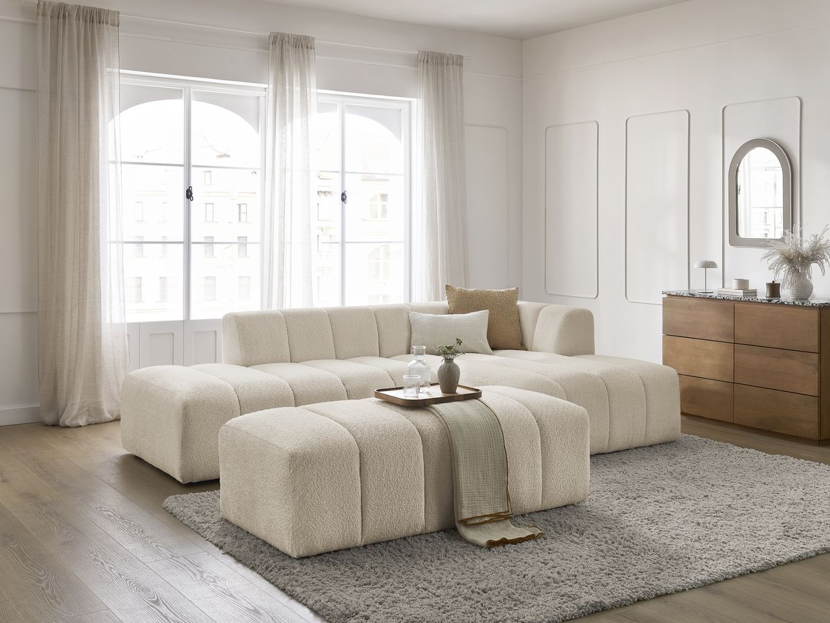 Bobochic Annecy Ecksofa mit Pouf Bouclé-Stoff Beige Ecke rechts