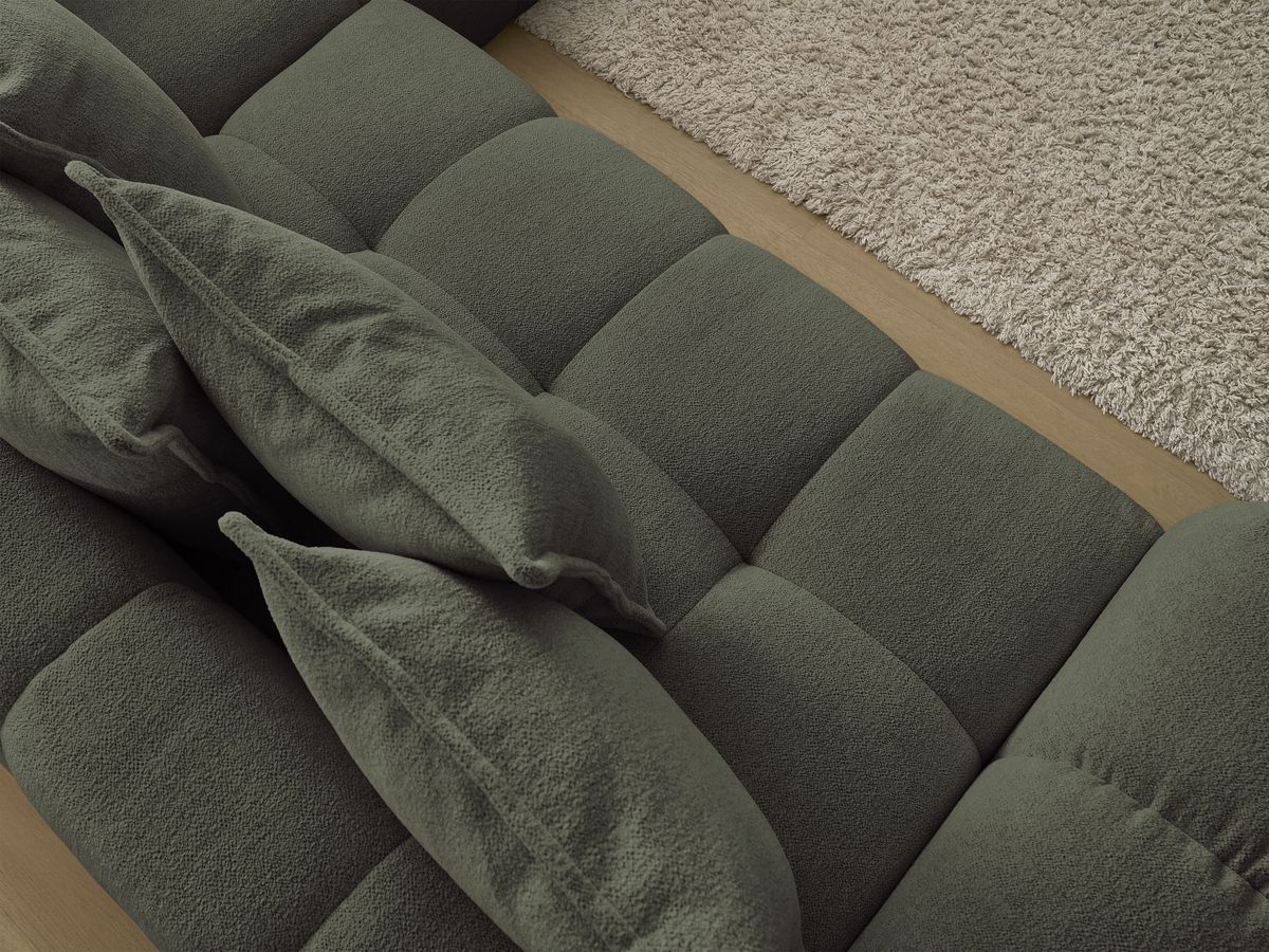 Bobochic Everest Ecksofa mit Schlaffunktion und Bettkasten 320 × 212 cm, 10 Kissen Melange-Stoff Grün Ecke rechts