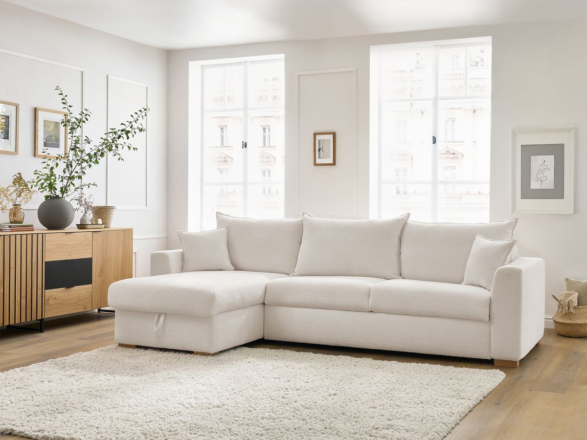 Bobochic Augustin Ecksofa mit Schlaffunktion und Bettkasten Bouclé-Stoff Weiß, Liegefläche 140 × 200 cm