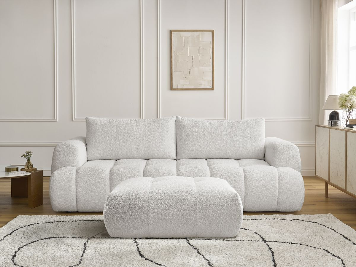 Bobochic Fuji Schlafsofa 3-Sitzer mit Bettkasten und Pouf Bouclé-Stoff Weiß