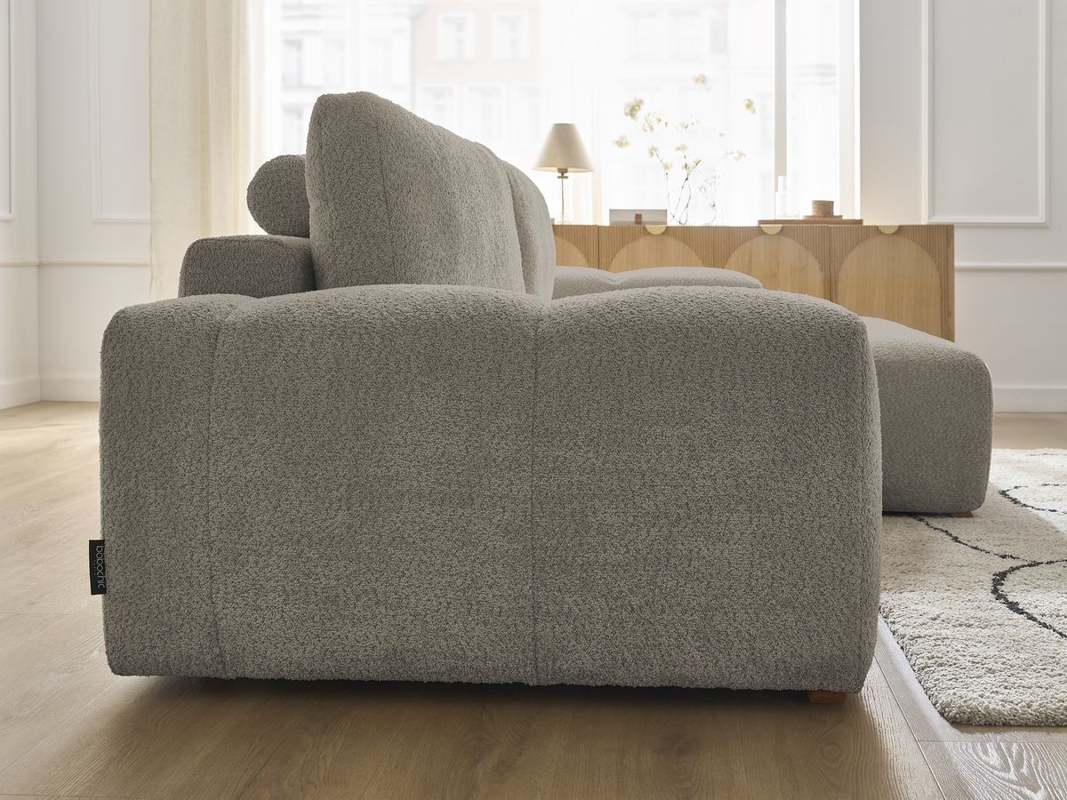 Bobochic Anakin Ecksofa mit Schlaffunktion und Bettkasten, 2 Kissen Bouclé-Stoff Taupe