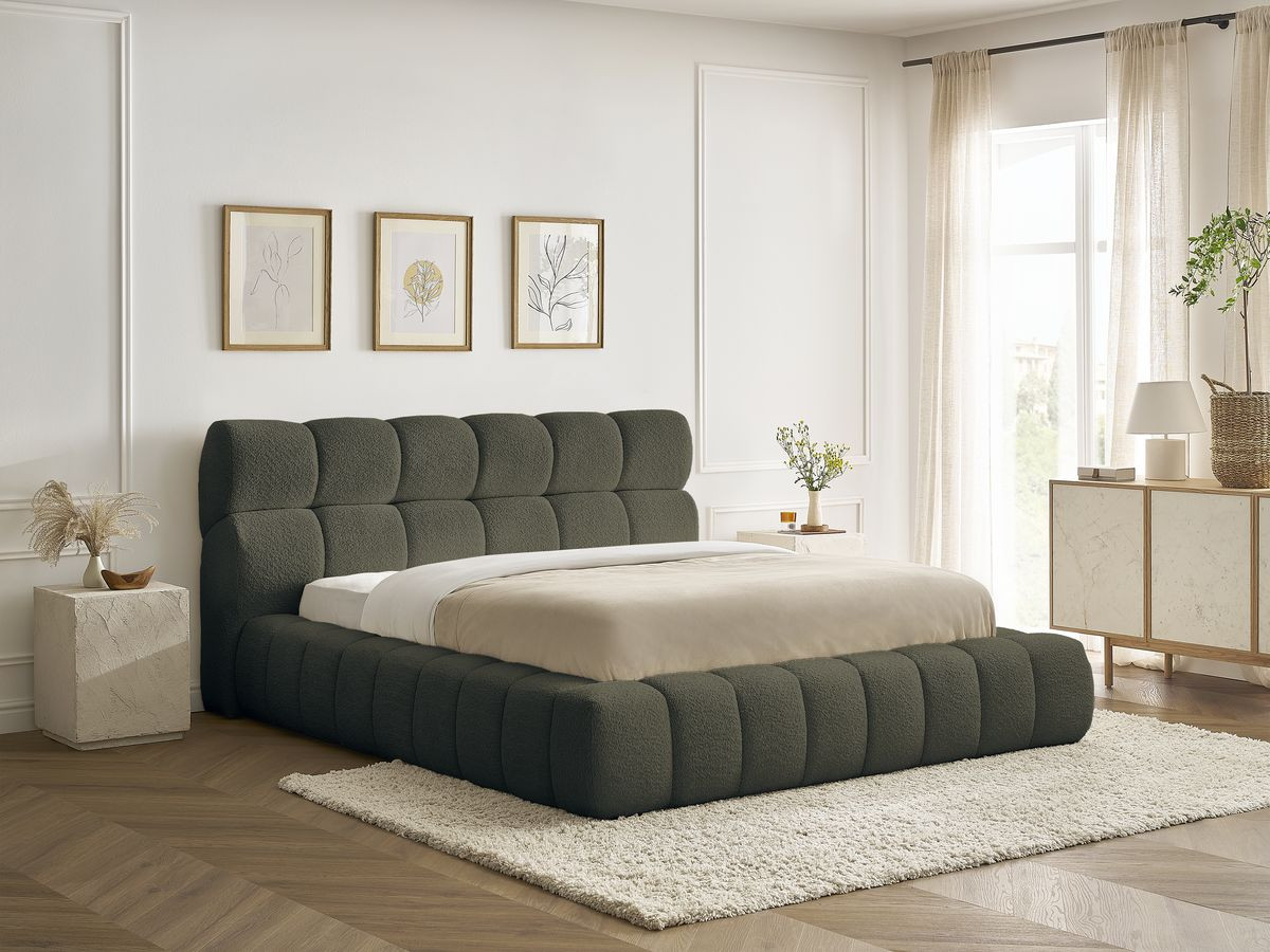 Bobochic Mont-blanc Polsterbett mit Bettkasten Bouclé-Stoff Grün, Liegefläche 140 × 190 cm