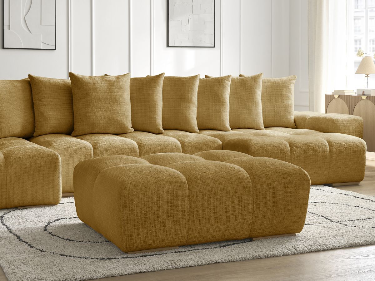 Bobochic Anakin Wohnlandschaft mit Pouf, Liegefläche 137 × 382 cm, 10 Kissen Strukturstoff Gelb