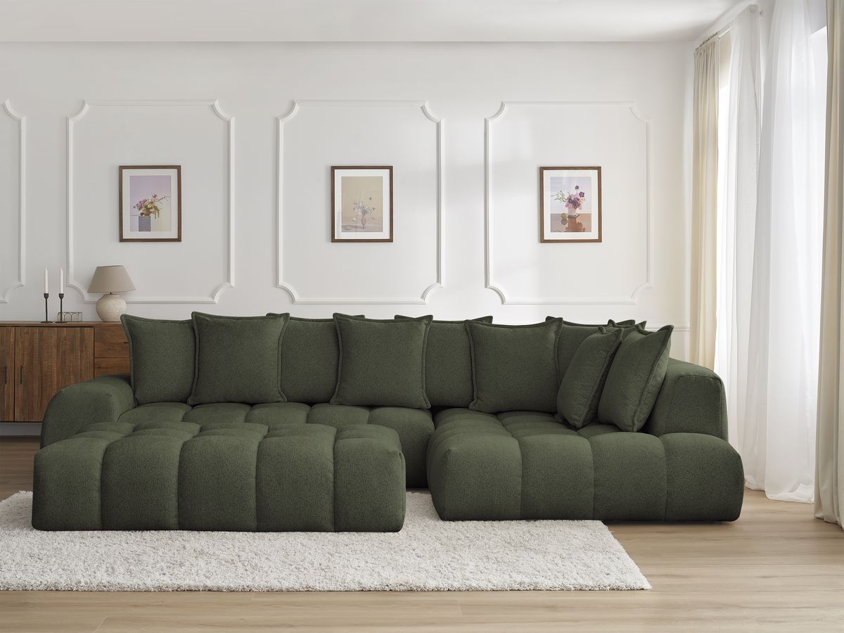Bobochic Everest Ecksofa mit Schlaffunktion und Pouf, 10 Kissen Melange-Stoff Grün Ecke rechts