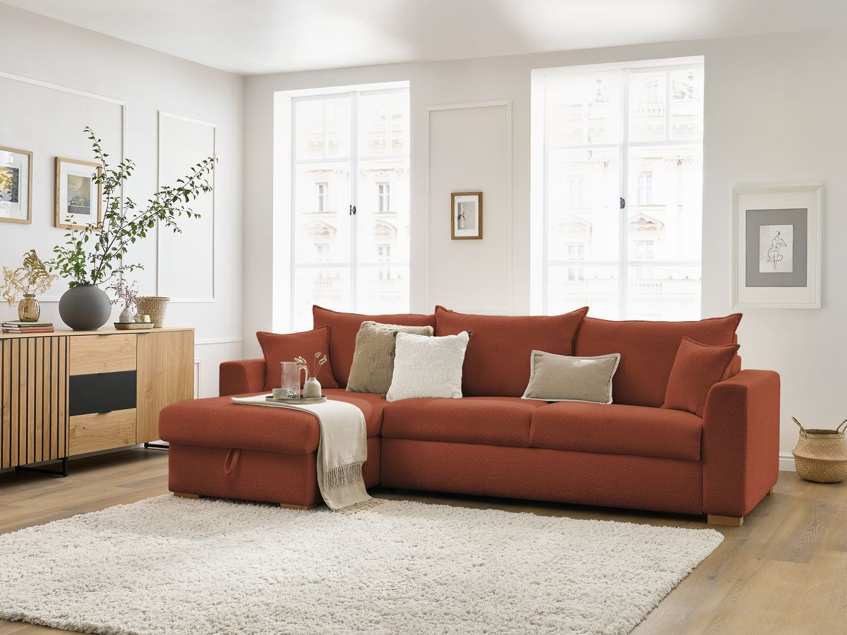 Bobochic Augustin Ecksofa mit Schlaffunktion und Bettkasten Bouclé-Stoff Orange, Liegefläche 140 × 200 cm