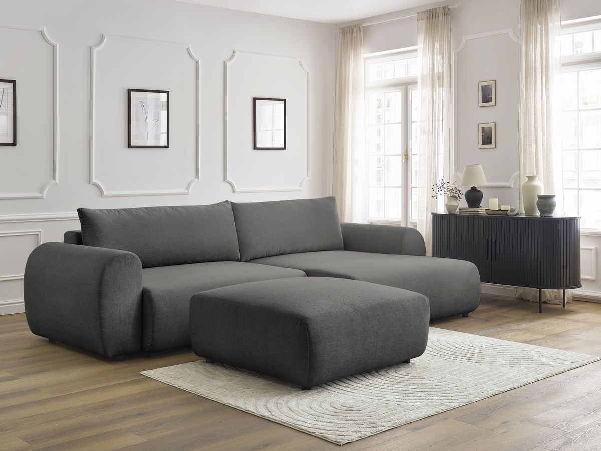 Bobochic Lucien Ecksofa mit Schlaffunktion und Bettkasten und Pouf 314 × 167 cm Stoff Dunkelgrau Ecke rechts